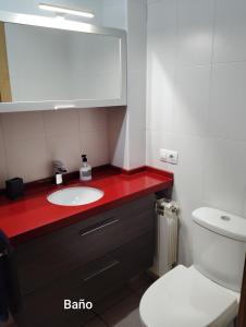 a bathroom with a sink and a toilet and a mirror at Apartamento ROMA in Nájera +15 photos