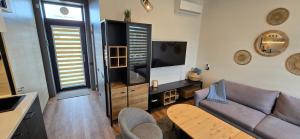 a living room with a couch and a tv at Kuršių Vėjai in Palanga +9 photos