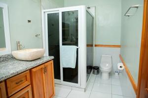 a bathroom with a shower and a sink and a toilet at Rosalini's Villa in Omoa
