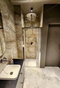 a bathroom with a shower and a sink at Apartament Dzierżonia 12 in Katowice