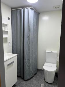 Un baño con cortina de ducha y un inodoro. en Coalla Rooms Luxe, en Lugones