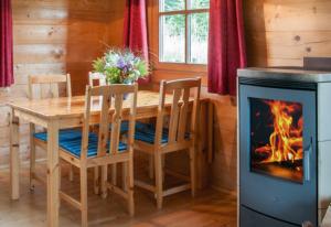 a wooden table with chairs and a fireplace in a room at Ferienhaus-Park Brennickenswerder in Lychen