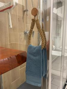 Ein Handtuchhalter mit einer blauen Tasche hängt in der Dusche in der Unterkunft Casa Mareo in Capraia + 23 Fotos