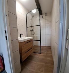 a bathroom with a shower and a white sink at Chalupa na Maňavě in Maňava