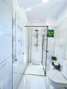 a white bathroom with a shower and a toilet at Central Bucharest Delicious in Bucharest +29 photos