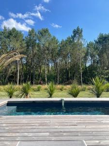 una piscina con terrazza in legno e alberi di La Villa des Chênes ad Audenge