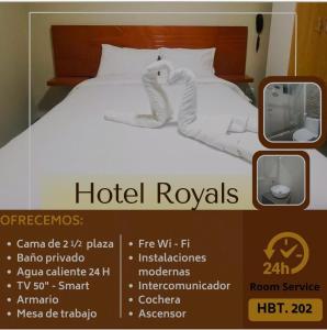 a poster of a bed with a hotel royals sign at The Royals Huaraz in Huaraz