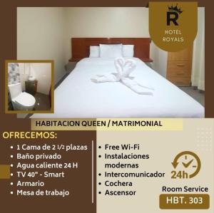 a poster for a hotel room with a bed and a flyer at The Royals Huaraz in Huaraz