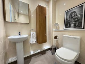 a bathroom with a white toilet and a sink at St Peter's Riverside Apartment Newcastle Quayside Free Parking in Saint Peters +23 photos
