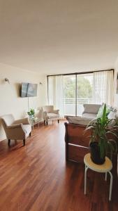 a living room with a couch and a table with a plant at Departamento Central para 7 personas con estacionamiento in Temuco