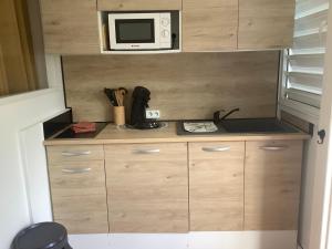 a small kitchen with a stove and a microwave at studio Ti’Gwada Family in Saint-François