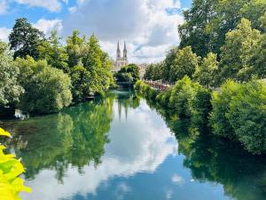 a river with trees and a cathedral in the background at Le petit Ré, hypercentre, garage privé, terrasse in Niort +4 photos