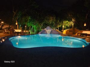 a large swimming pool with blue water at night at Pipa Ecovila in Pipa