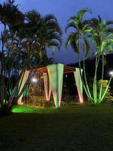 a lit up building with palm trees at night at Flat Cavalinho Branco 119 in Águas de Lindoia