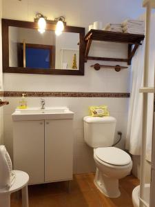 a bathroom with a toilet and a sink and a mirror at El Bosque Rural House in El Bosque +8 photos