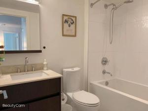 ein Badezimmer mit Toilette, Waschbecken und Dusche in der Unterkunft Cozy Perfect &elegant 2bed 1 bath in Richmond center in Richmond