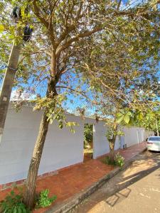 ein weißes Haus mit zwei Bäumen davor in der Unterkunft Casa Vila Verde RIO VERDE GOIÁS in Rio Verde