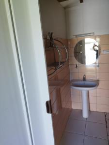 a bathroom with a sink and a mirror at Maisonnette de campagne, Sofaia à 5 min in Sainte-Rose
