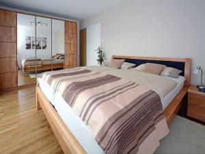 1 dormitorio con 1 cama grande y espejo en Ferienwohnung Bellgardt en Langenargen
