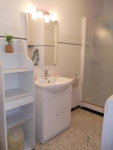 a white bathroom with a sink and a shower at Chouette coquette in Salses-le-Chateau