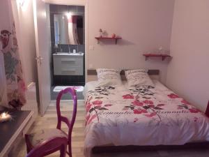 Dormitorio pequeño con cama y lavamanos en Jeanne et Compagnie en Loscouët-sur-Meu