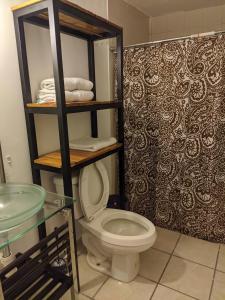 a bathroom with a toilet and a sink and towels at Casa completa para descansar entre zona industrial y zona centro in Gómez