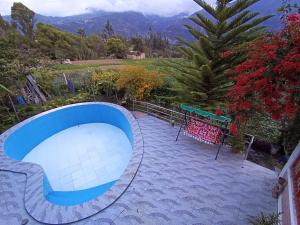 a blue swimming pool with a view of a mountain at Hospedaje LLIKU WASI in Yungay
