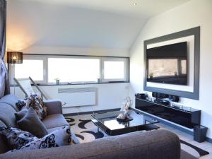 ein Wohnzimmer mit Couch und Flachbildfernseher in der Unterkunft Lake-view apartment with sauna, hot tub in Grand Coo