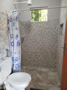 a bathroom with a toilet and a shower at Chalé do Ypê 2 in Pirenópolis +30 photos
