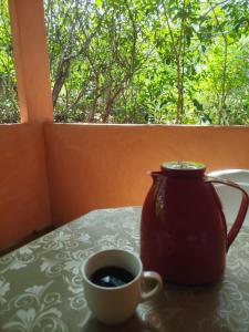 eine Tasse Kaffee auf einem Tisch mit einer Vase in der Unterkunft Chalé do Ypê 2 in Pirenópolis