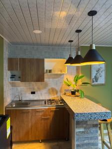 a kitchen with wooden cabinets and a counter top at Cactus Beach Stay APARTAMENTO in Santa Marta