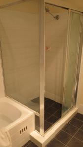 una ducha con puerta de cristal en un baño en Mountain Views Cedar Cottage, en Blackheath