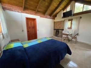 a bedroom with a blue bed and a fireplace at La Casa del Abuelito in San Miguel Regla