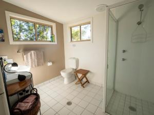 Un baño con inodoro y ducha de cristal. en Kangarutha Cottage - Escape to Nature just minutes to Tathra, en Kianinny 35 fotos más