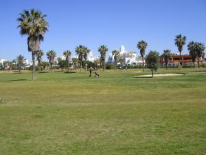 a person playing frisbee in a park with palm trees at Life Apartments Costa Ballena in Costa Ballena