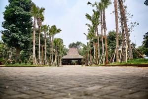 einen Pavillon in einem Park mit Palmen und einer Straße in der Unterkunft Forrest Cafe & Wisata Berkuda in Jengkol
