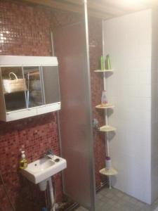 La petite salle de bains est pourvue d'un lavabo et d'une douche. dans l'établissement Ranta Äärelä, à Vuotso