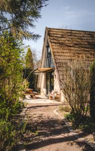 a small house with a pathway leading to it at Boshuisje Rekem - Topo in Lanaken