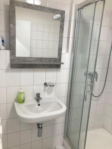 a bathroom with a sink and a shower at Hotel Astorka in Brno