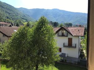 a white house with a tree and mountains in the background at Val Taleggio 4 posti con Camino Check in 24h WiFi in Peghera
