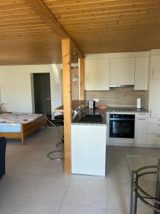 a kitchen with a counter and a bed in a room at Haus am See II in Därligen