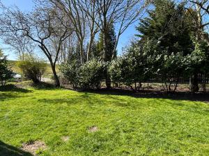 a yard with green grass and trees and a fence at Haus Ute in Hooksiel