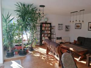 a living room with potted plants and a wooden table at Lukíno - apartmány in Děčín