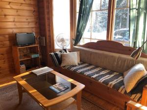 ein Wohnzimmer mit einer Couch und einem Couchtisch in der Unterkunft Cozy Cottage in Kerimaa in Savonlinna