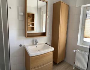 a bathroom with a sink and a mirror at Haus Rehkitz RE07 in Sögel +32 photos