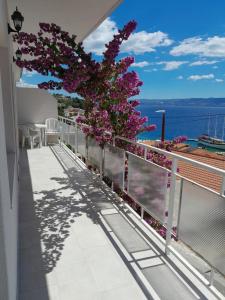 a balcony with purple flowers and a view of the ocean at EmTo Suhi Potok in Jesenice +6 photos