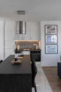 a kitchen with a black counter top in a room at Studio apartment PANORAMA in Karlovac