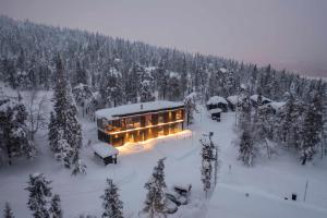 a house in the middle of a snow covered forest at maja in Syöte