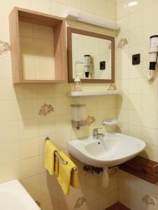 a bathroom with a sink and a mirror at Anna Vendégház in Hévíz