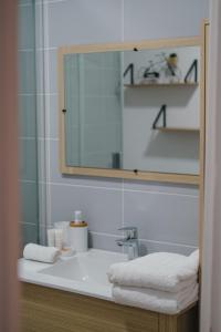 a bathroom with a sink and a mirror and towels at Logement cosy au cœur de Nevers in Nevers